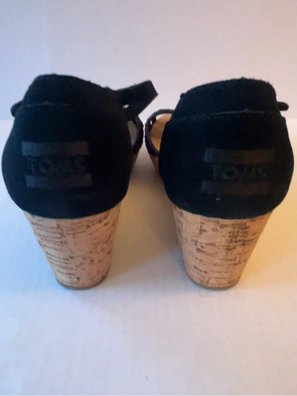 TOMS Black Suede Wedge Sandals Women’s 9.5 Braided Open Toe Cork Platform Ankle